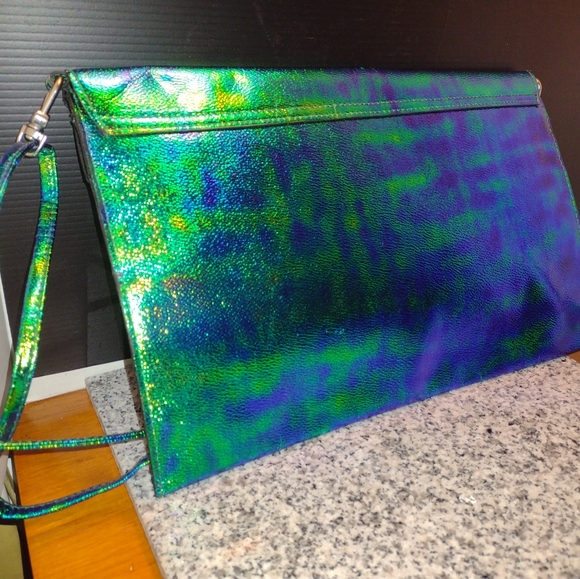 H&M Iridescent Blue Green Clutch/Messenger Handbag Purse with Strap - Picture 3 of 10